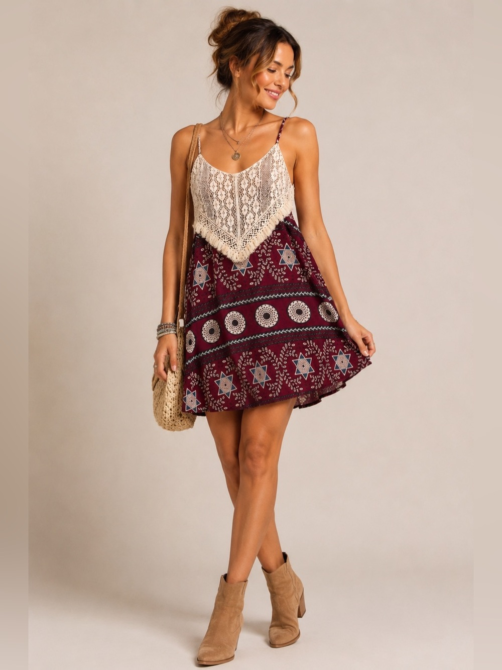 Boho Burgundy Midi Dress Lace Trim Western Festival Anthropologie M